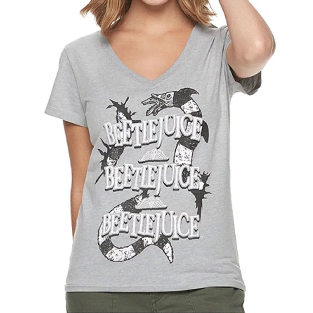 Beetlejuice Spellout Sandworm V-Neck Tee Shirt Gray Halloween Size XS